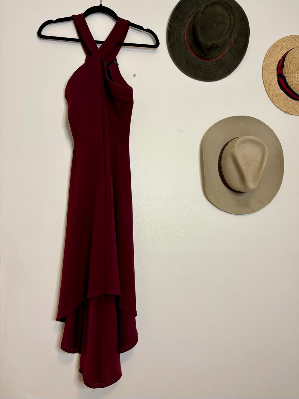 Elegant Burgundy Cross-Back High-Low Dress